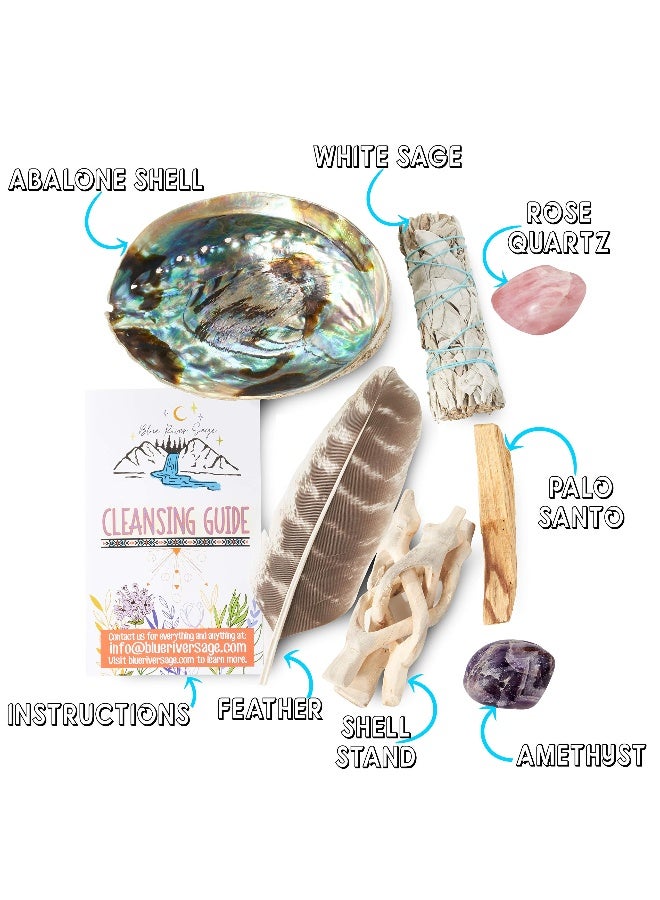 BLUE RIVER SAGE Home Cleansing & Smudging Kit with White Sage, Palo Santo, Abalone & Stand, Smudge Feather & Guide (Regular) - Image 2